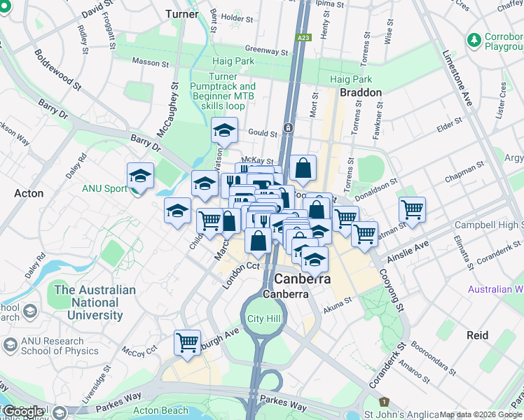 map of restaurants, bars, coffee shops, grocery stores, and more near 12 Moore Street in Canberra