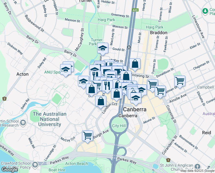 map of restaurants, bars, coffee shops, grocery stores, and more near 50 Marcus Clarke Street in Canberra