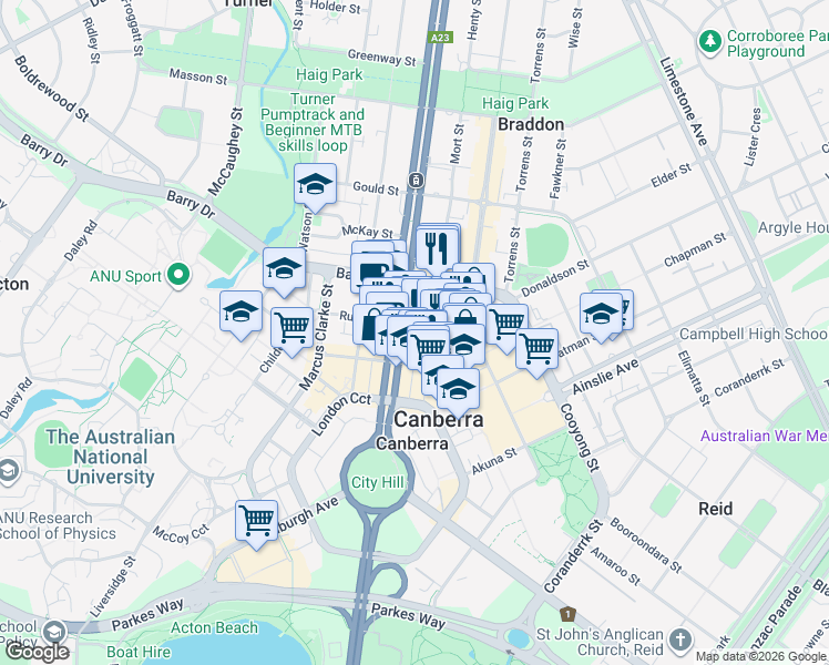 map of restaurants, bars, coffee shops, grocery stores, and more near 64 Northbourne Avenue in Canberra