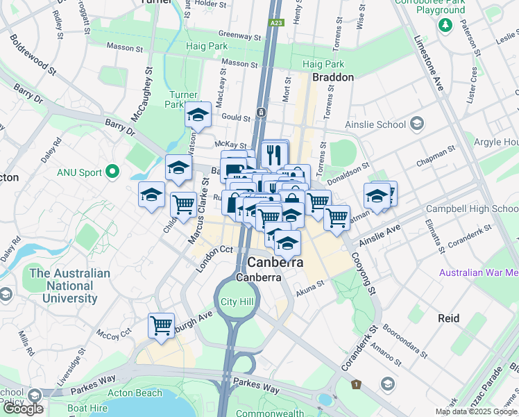 map of restaurants, bars, coffee shops, grocery stores, and more near 64 Northbourne Avenue in Canberra