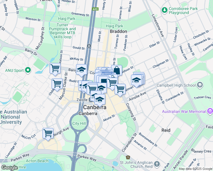 map of restaurants, bars, coffee shops, grocery stores, and more near 125 Bunda Street in Canberra