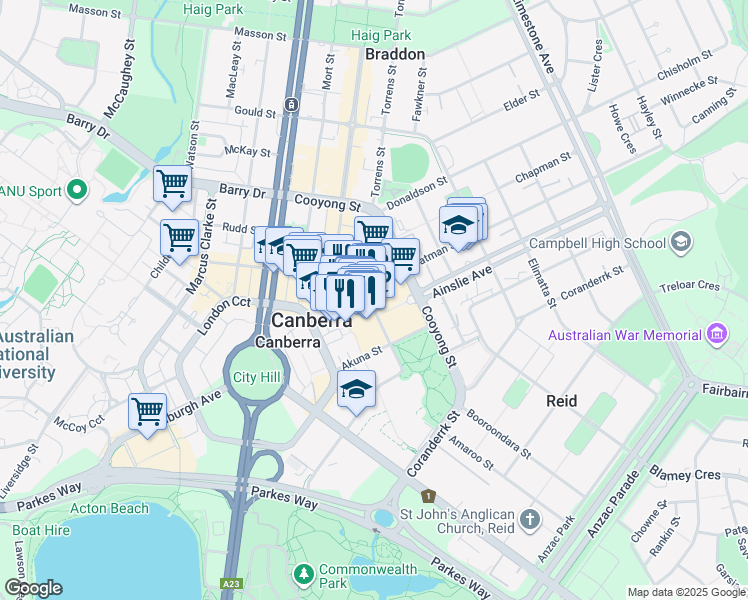 map of restaurants, bars, coffee shops, grocery stores, and more near 125 Bunda Street in Canberra