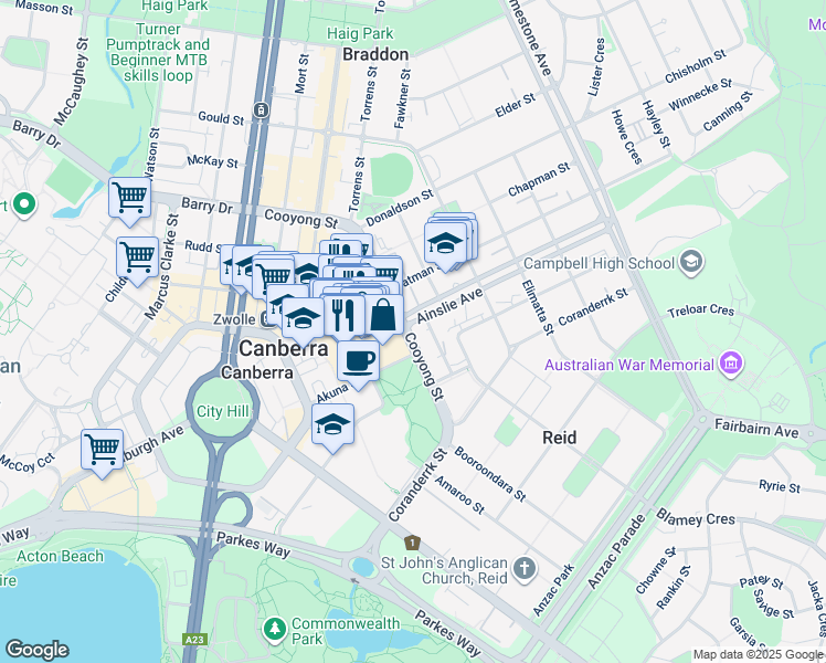 map of restaurants, bars, coffee shops, grocery stores, and more near 81 Cooyong Street in Reid