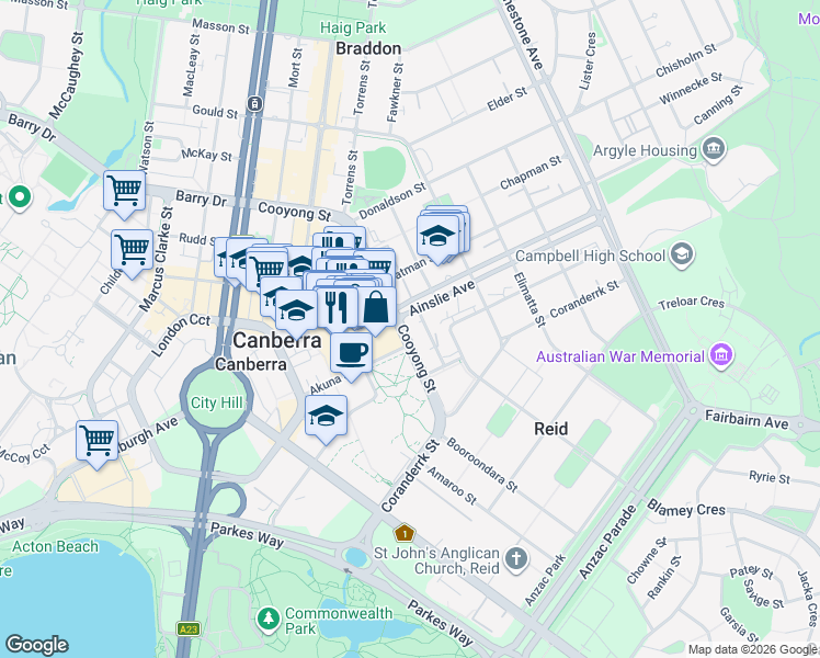map of restaurants, bars, coffee shops, grocery stores, and more near 81 Cooyong Street in Reid
