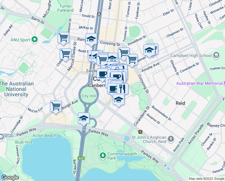 map of restaurants, bars, coffee shops, grocery stores, and more near 197 London Circuit in Canberra