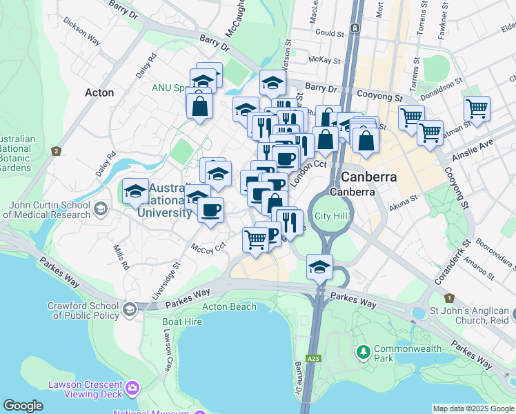 map of restaurants, bars, coffee shops, grocery stores, and more near 18 Marcus Clarke Street in Canberra