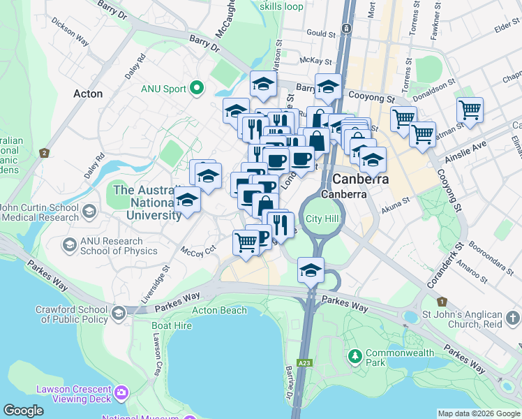 map of restaurants, bars, coffee shops, grocery stores, and more near 7 London Circuit in Canberra