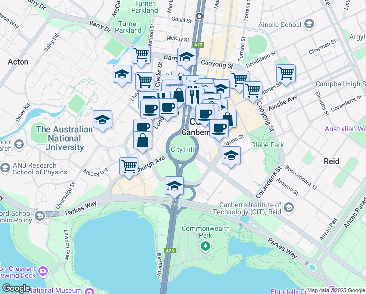 map of restaurants, bars, coffee shops, grocery stores, and more near in Canberra