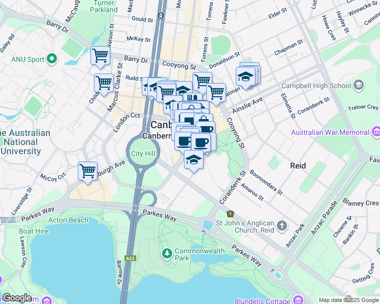 map of restaurants, bars, coffee shops, grocery stores, and more near 2 Akuna Street in Canberra