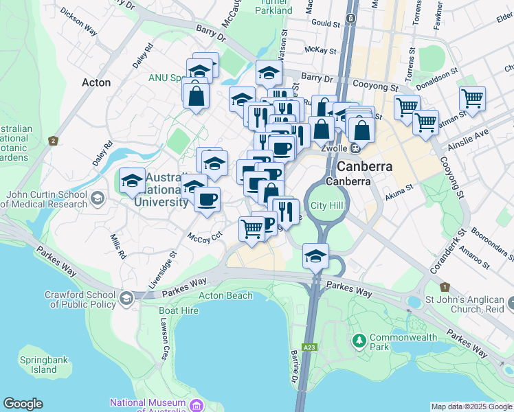 map of restaurants, bars, coffee shops, grocery stores, and more near 18 Marcus Clarke Street in Canberra