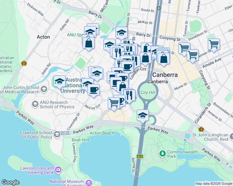 map of restaurants, bars, coffee shops, grocery stores, and more near 16 Marcus Clarke Street in Canberra