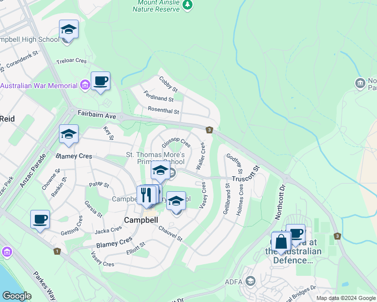 map of restaurants, bars, coffee shops, grocery stores, and more near 48 Glossop Crescent in Campbell