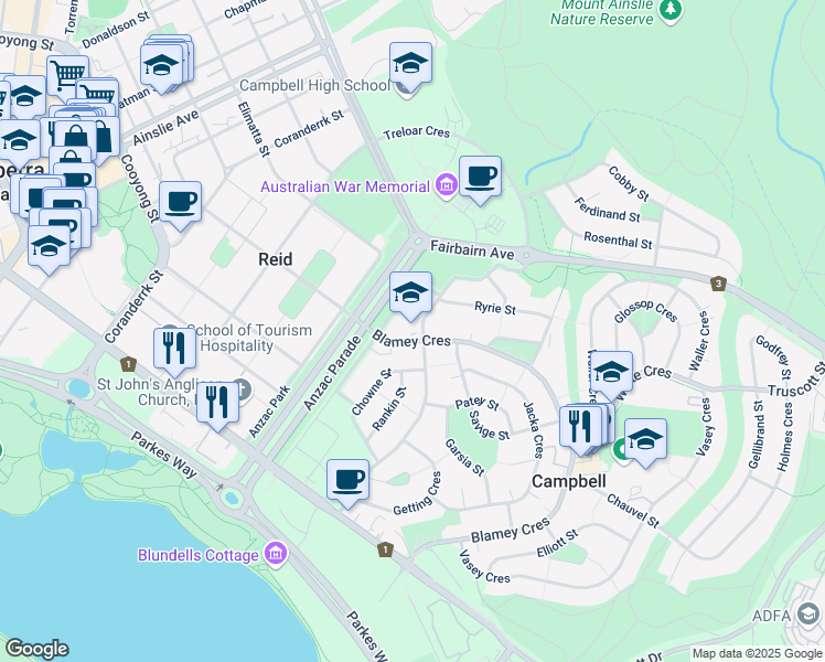 map of restaurants, bars, coffee shops, grocery stores, and more near Blamey Crescent in Campbell