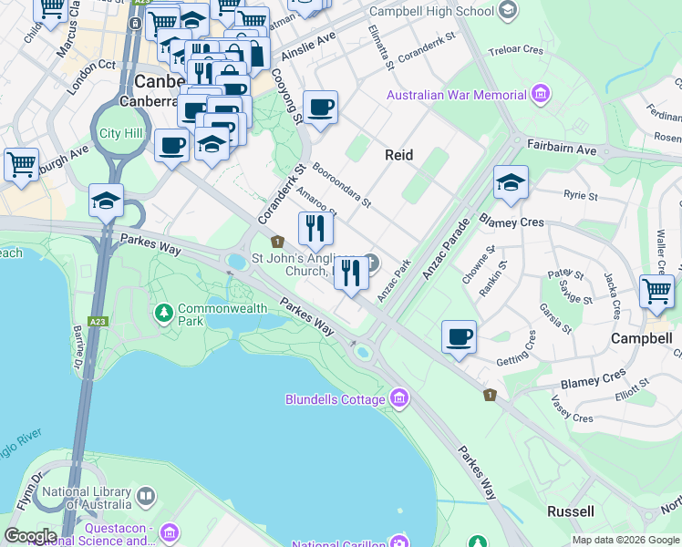 map of restaurants, bars, coffee shops, grocery stores, and more near 43 Constitution Avenue in Reid