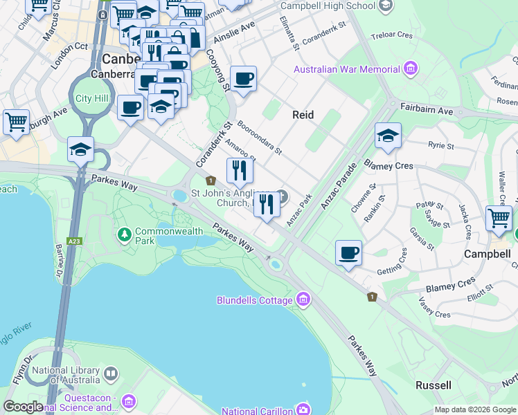 map of restaurants, bars, coffee shops, grocery stores, and more near 43 Constitution Avenue in Reid