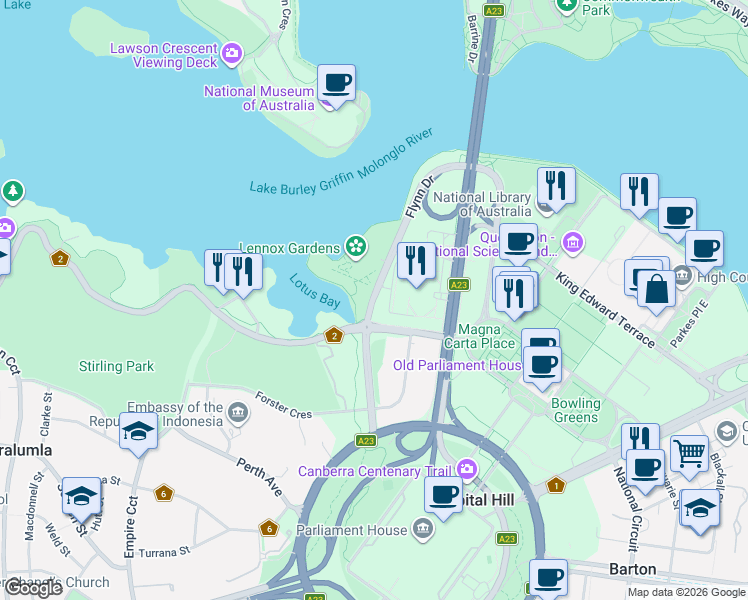 map of restaurants, bars, coffee shops, grocery stores, and more near Flynn Drive in Yarralumla