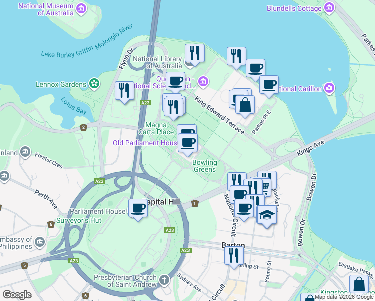 map of restaurants, bars, coffee shops, grocery stores, and more near 18 King George Terrace in Parkes