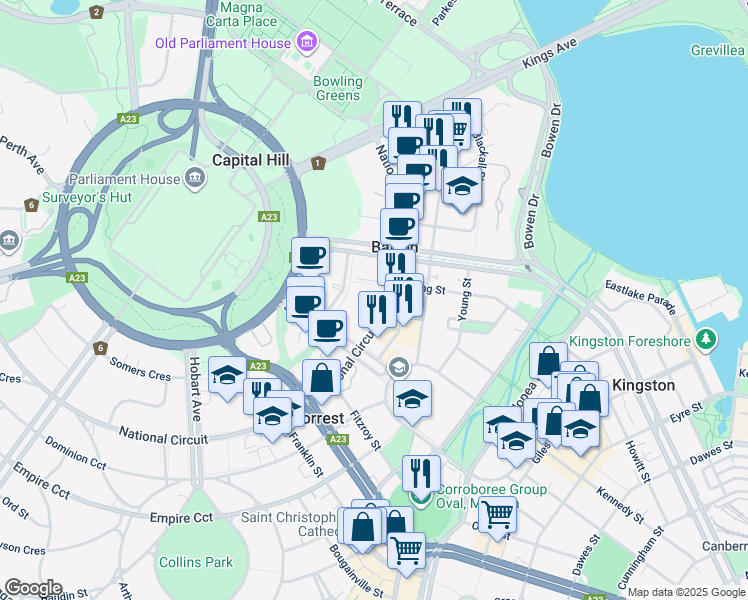 map of restaurants, bars, coffee shops, grocery stores, and more near 19 National Circuit in Barton