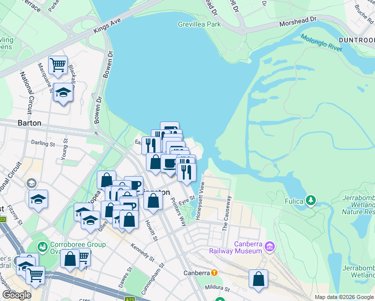 map of restaurants, bars, coffee shops, grocery stores, and more near Trevillian Quay in Kingston