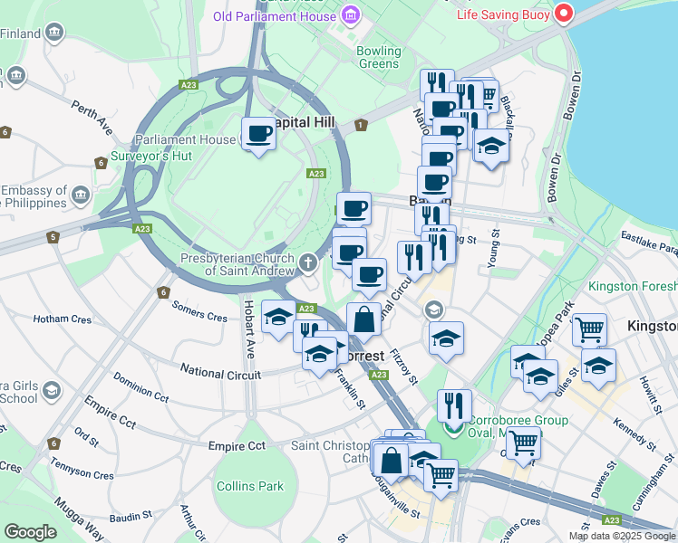map of restaurants, bars, coffee shops, grocery stores, and more near 44 Sydney Avenue in Forrest