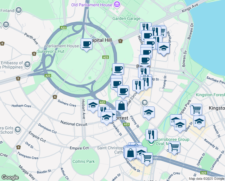 map of restaurants, bars, coffee shops, grocery stores, and more near 44 Sydney Avenue in Forrest