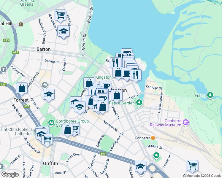map of restaurants, bars, coffee shops, grocery stores, and more near 51 Giles Street in Kingston