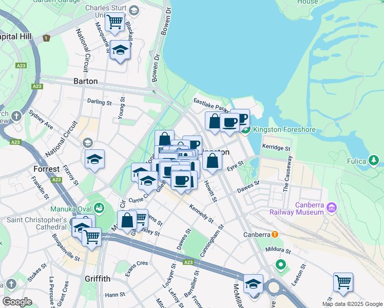 map of restaurants, bars, coffee shops, grocery stores, and more near 51 Giles Street in Kingston
