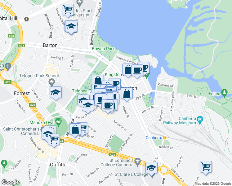 map of restaurants, bars, coffee shops, grocery stores, and more near Giles Street in Kingston