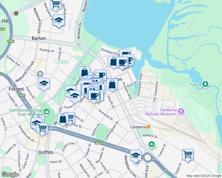 map of restaurants, bars, coffee shops, grocery stores, and more near 47 Eyre Street in Kingston