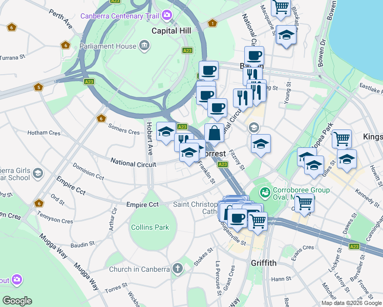 map of restaurants, bars, coffee shops, grocery stores, and more near 34 Manuka Circle in Forrest