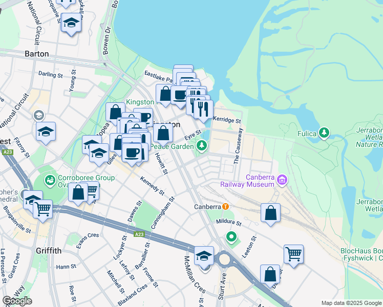 map of restaurants, bars, coffee shops, grocery stores, and more near 56 Printers Way in Kingston