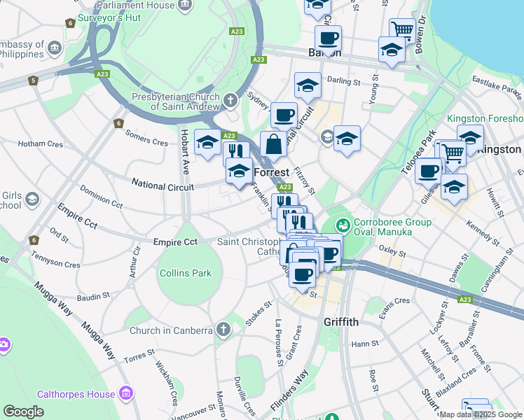 map of restaurants, bars, coffee shops, grocery stores, and more near 70 Franklin Street in Forrest