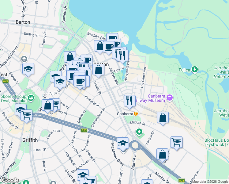 map of restaurants, bars, coffee shops, grocery stores, and more near 55 Wentworth Avenue in Kingston