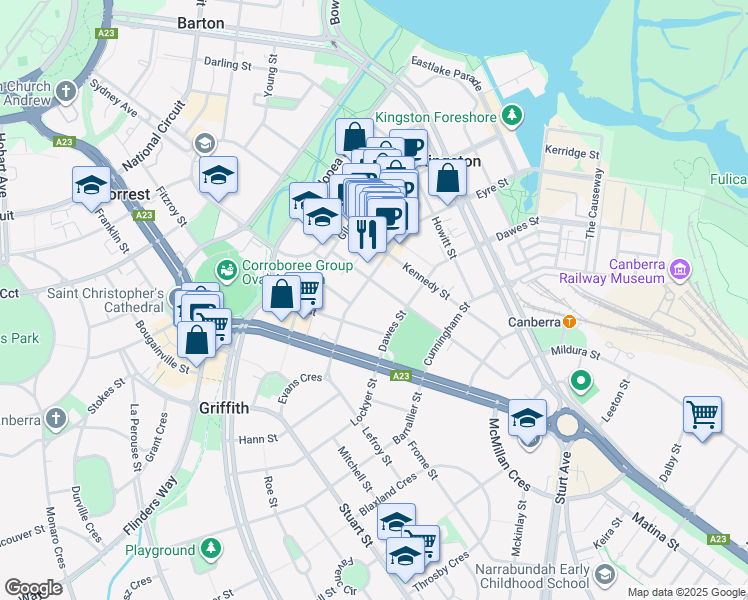 map of restaurants, bars, coffee shops, grocery stores, and more near 18 Leichhardt Street in Griffith