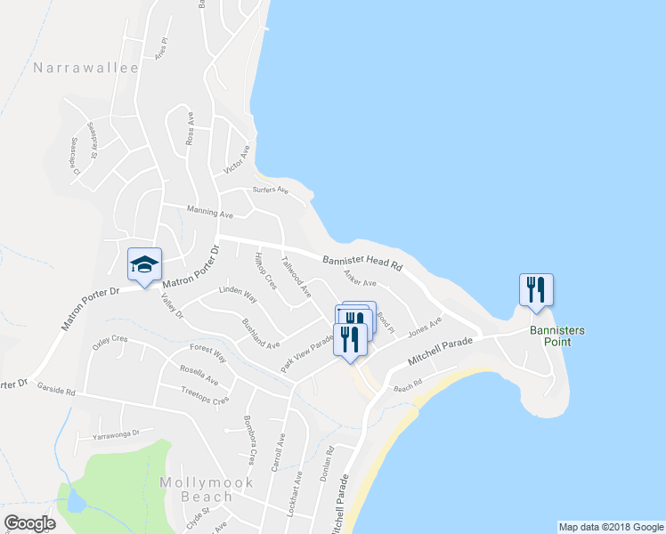 map of restaurants, bars, coffee shops, grocery stores, and more near 47 Bannister Head Road in Mollymook Beach