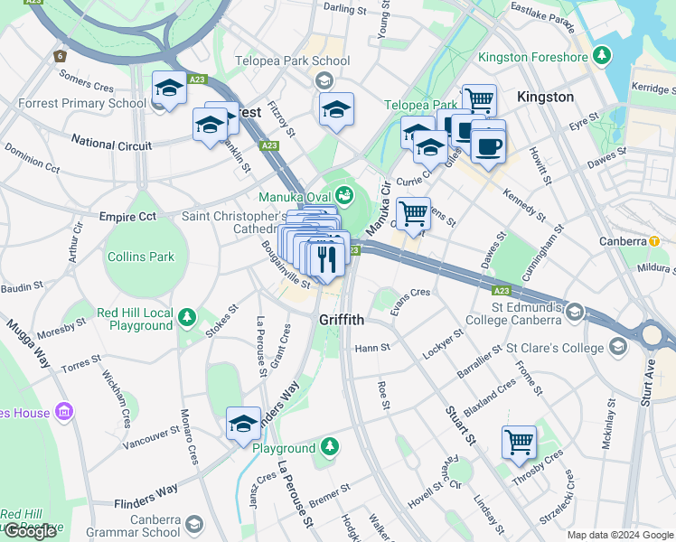 map of restaurants, bars, coffee shops, grocery stores, and more near 34 Manuka Circle in Forrest