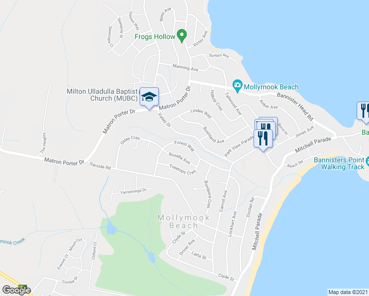 map of restaurants, bars, coffee shops, grocery stores, and more near 33 Forest Way in Mollymook Beach