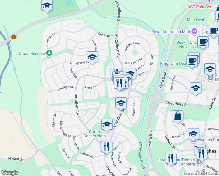 map of restaurants, bars, coffee shops, grocery stores, and more near 3 Waddell Place in Curtin
