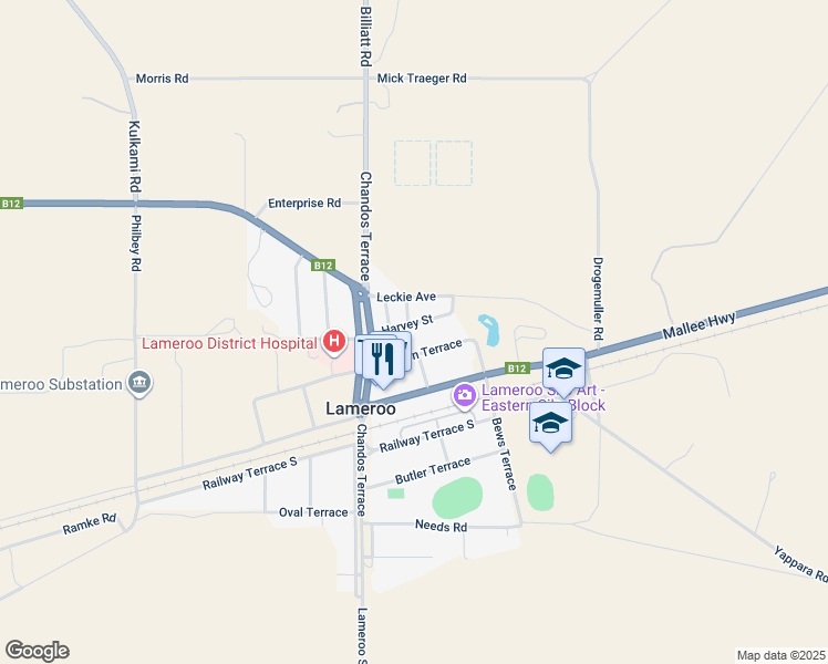 map of restaurants, bars, coffee shops, grocery stores, and more near 12 Harvey Street in Lameroo