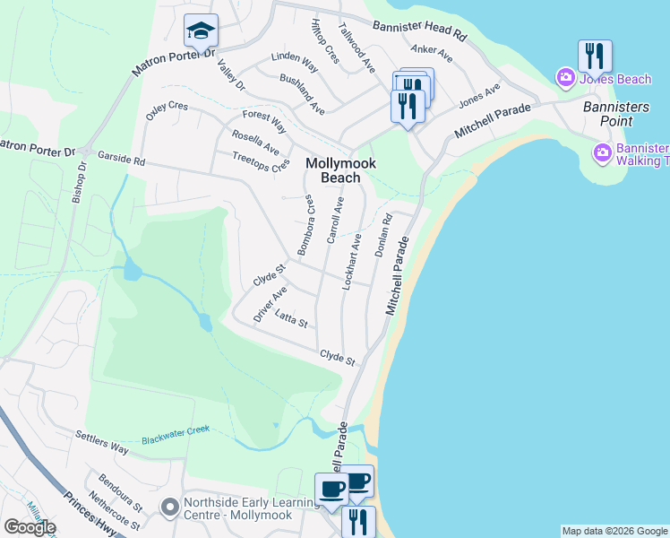map of restaurants, bars, coffee shops, grocery stores, and more near 14 Garside Road in Mollymook Beach