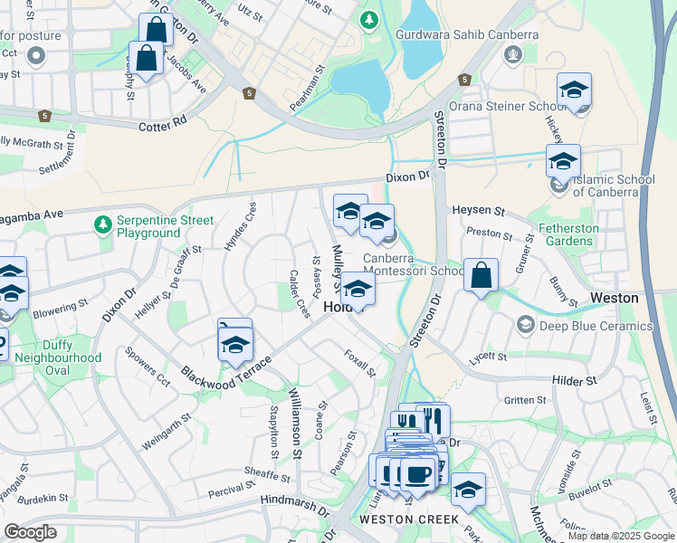 map of restaurants, bars, coffee shops, grocery stores, and more near Mulley Street in Weston Creek