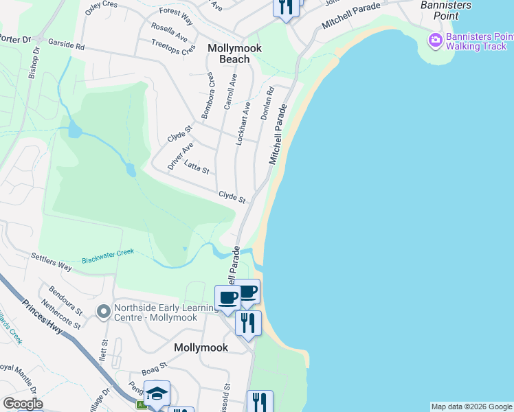 map of restaurants, bars, coffee shops, grocery stores, and more near 22 Mitchell Parade in Mollymook Beach
