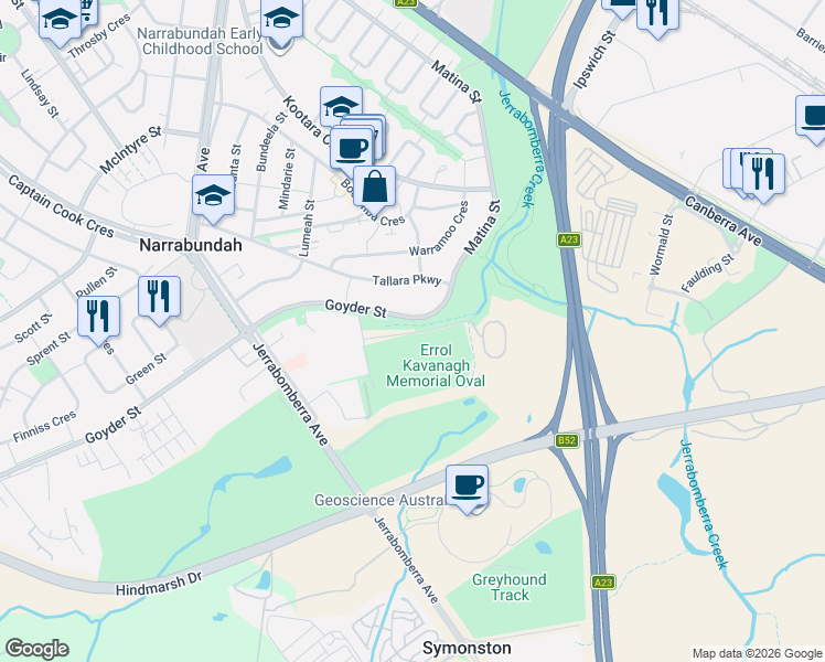 map of restaurants, bars, coffee shops, grocery stores, and more near 1 Kyeema Street in Narrabundah