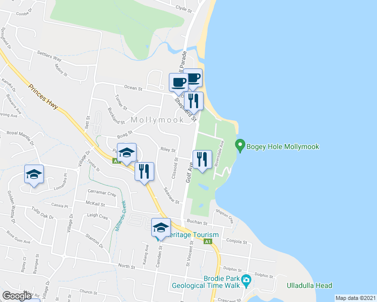 map of restaurants, bars, coffee shops, grocery stores, and more near 39 Golf Avenue in Mollymook
