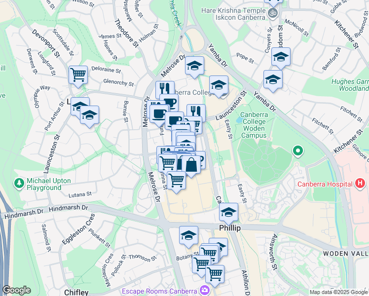 map of restaurants, bars, coffee shops, grocery stores, and more near 10 Bowes Street in Phillip