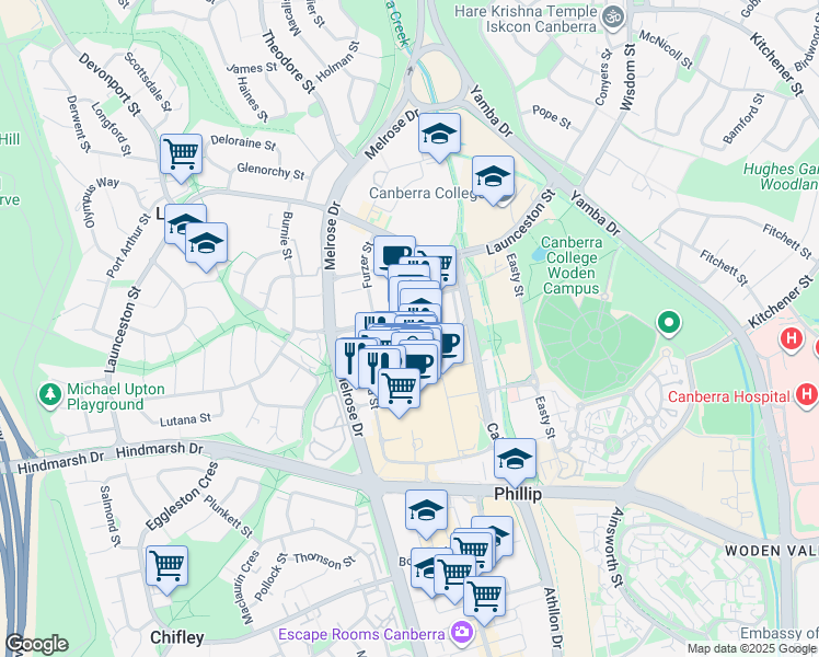 map of restaurants, bars, coffee shops, grocery stores, and more near 16 Bowes Place in Phillip