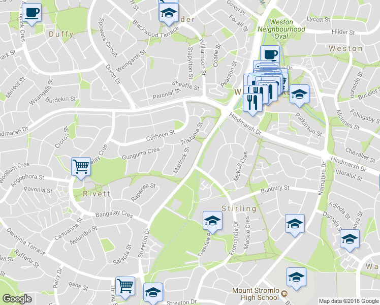 map of restaurants, bars, coffee shops, grocery stores, and more near 46 Marlock Street in Weston Creek