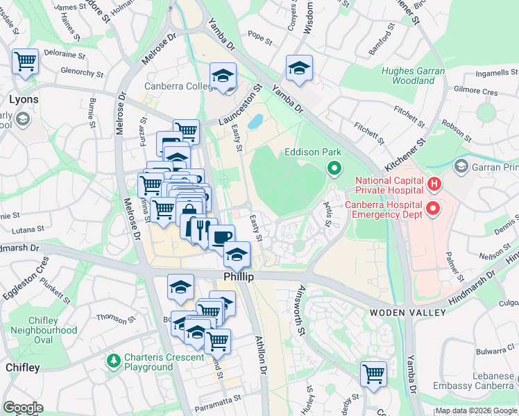 map of restaurants, bars, coffee shops, grocery stores, and more near 121 Easty Street in Phillip