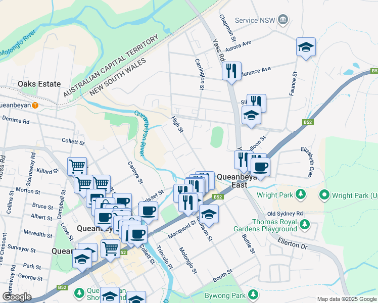 map of restaurants, bars, coffee shops, grocery stores, and more near 39 High Street in Queanbeyan East