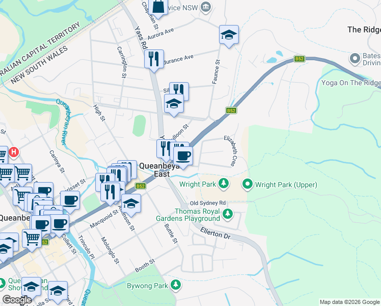 map of restaurants, bars, coffee shops, grocery stores, and more near 22 Bungendore Road in Queanbeyan East